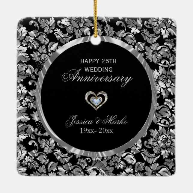 Black And Silver Damask 25th Anniversary Ceramic Ornament (Back)