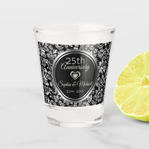 Black And Silver Damask 25th Anniversary Shot Glass