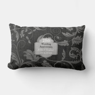 Black and Silver Damask 25th Wedding Anniversary Lumbar Cushion