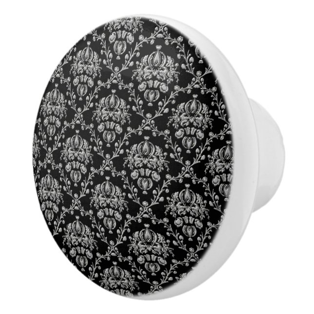 Black and Silver Damask Ceramic Knob (Right)