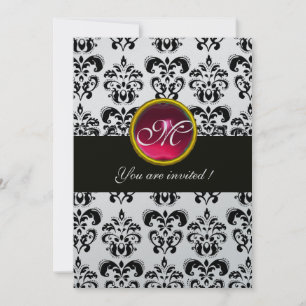 BLACK AND SILVER DAMASK MONOGRAM,red ruby white Invitation
