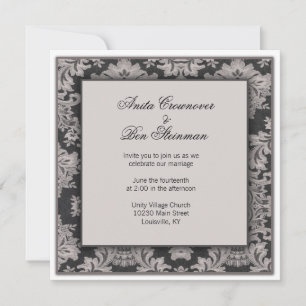 Black and silver damask Wedding Floral Invitation