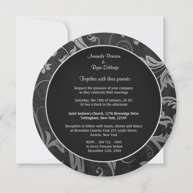 Black and Silver Damask Wedding Invitation Round (Front)