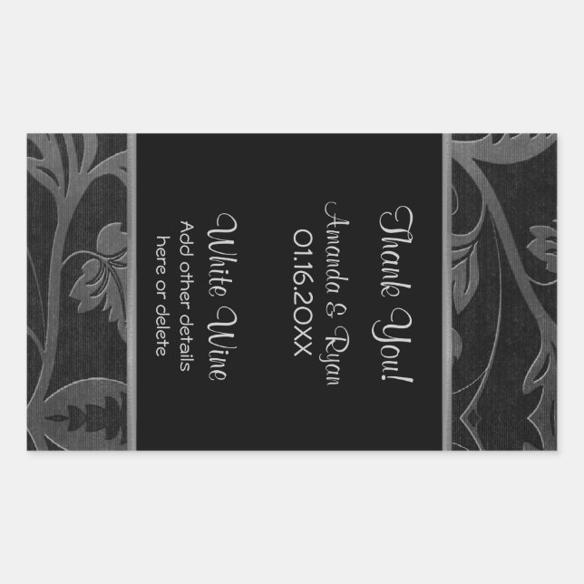 Black and Silver Damask Wine Label Large 4.5 x 2.7 (Front)