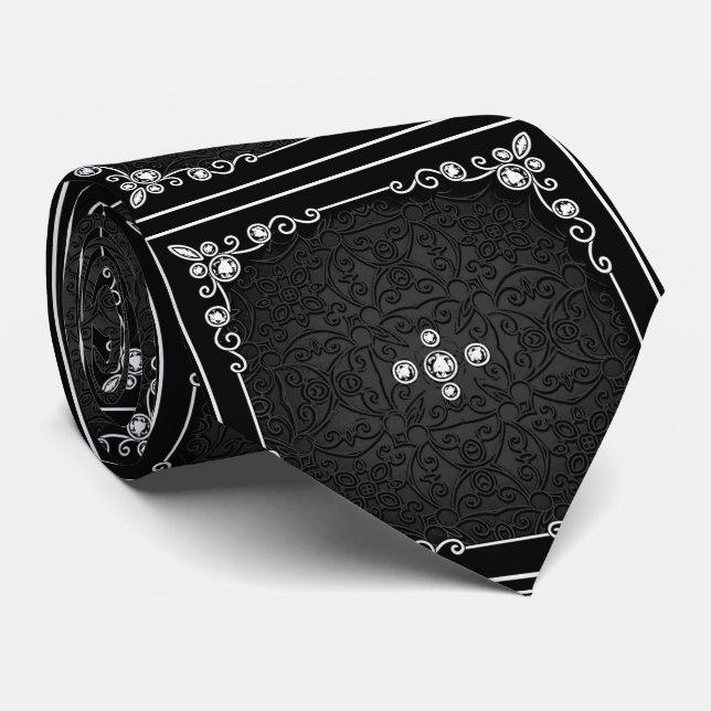 Black and Silver Design with Diamond Look Necktie (Rolled)