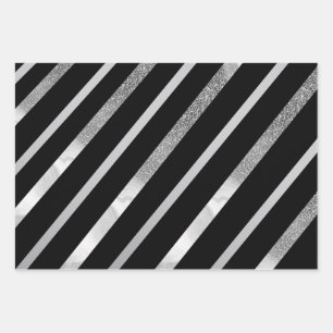 Black And Silver Diagonal Stripes Pattern  Wrapping Paper Sheet