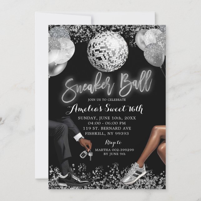 Black and Silver Disco Sneaker Ball Birthday Invitation (Front)