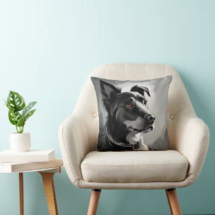 Black and Silver Dog Portrait Painting Cushion