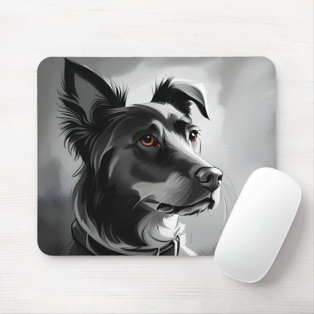 Black and Silver Dog Portrait Painting Mouse Pad (With Mouse)