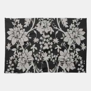 Black and silver dust floral pattern tea towel
