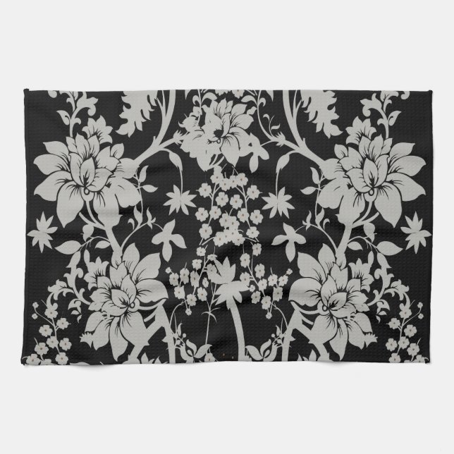 Black and silver dust floral pattern tea towel (Horizontal)