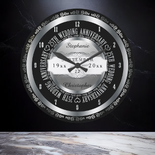 Black and Silver Elegant 25th Wedding Anniversary Large Clock