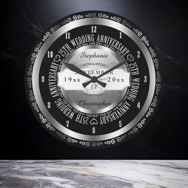 Black and Silver Elegant 25th Wedding Anniversary Large Clock (Elegant Black and Silver Tone 25th Wedding Anniversary Large Clock)