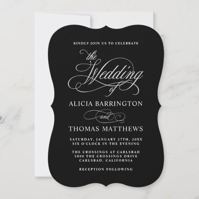 Black and Silver Elegant Calligraphy Wedding Invitation (Front)