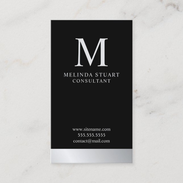 Black and Silver Elegant Monogram Business Card (Front)