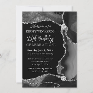 Black and Silver Faux Glitter Agate Birthday Invitation
