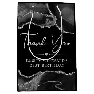 Black and Silver Faux Glitter Agate Birthday Party Medium Gift Bag