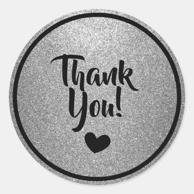Black and Silver Faux Glitter Thank You Classic Round Sticker (Front)
