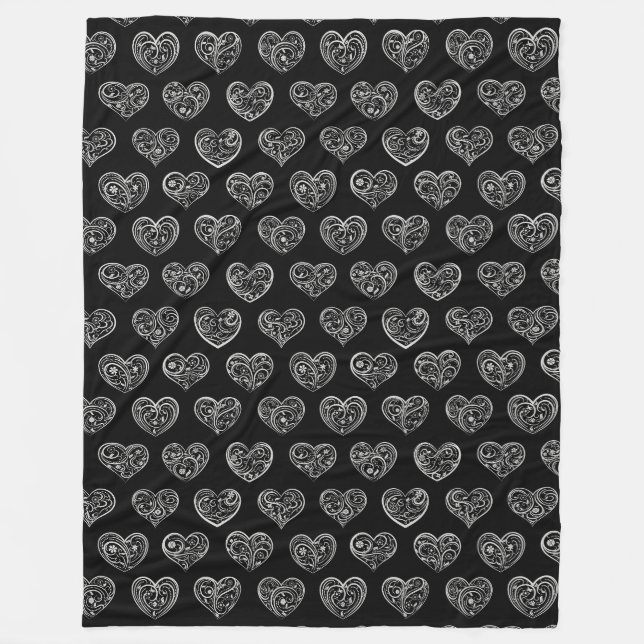 Black and Silver Filigree Hearts Fleece Blanket (Front)