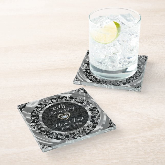 Black And Silver Floral Damask. 25th Anniversary Glass Coaster (Angled)