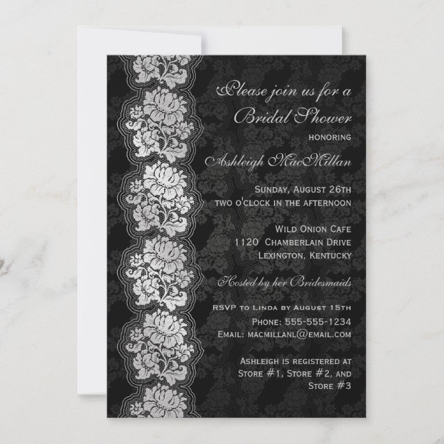 Black and Silver Floral Lace Bridal Shower Invite (Front)