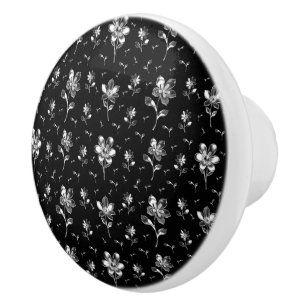 Black And Silver Floral Pattern Bathroom Ceramic Knob