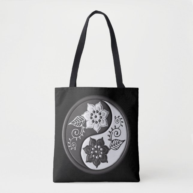 Black and Silver Floral Yin Yang Tote Bag (Front)