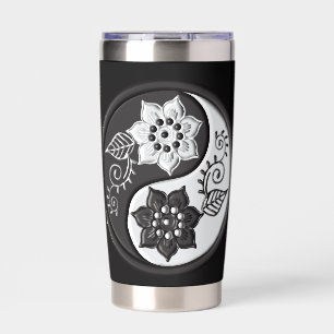 Black and Silver Floral Yin Yang water bottle Insulated Tumbler