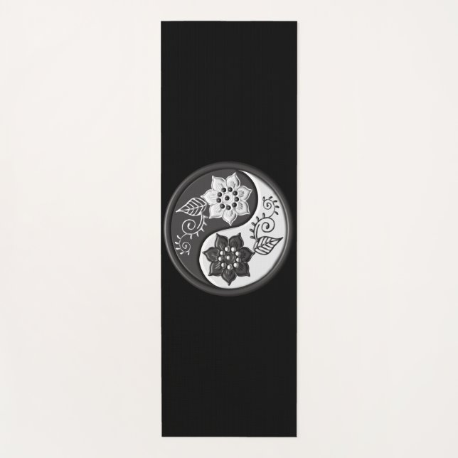 Black and Silver Floral Yin Yang Yoga Mat (Front)