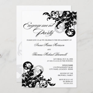 Black and Silver Flourish Engagement Party Invitation