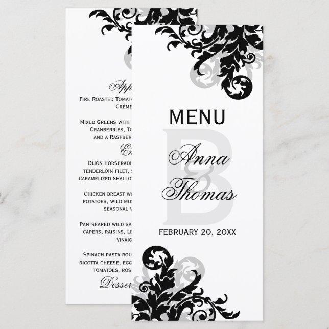 Black and Silver Flourish Menu Card (Front/Back)