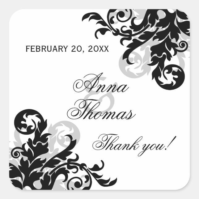 Black and Silver Flourish Wedding Favour Stickers (Front)