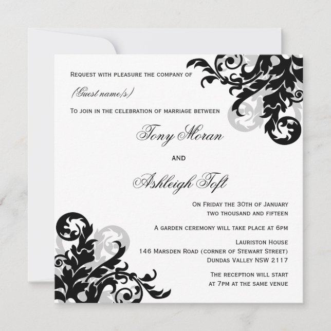 Black and Silver Flourish Wedding Invitation (Front)