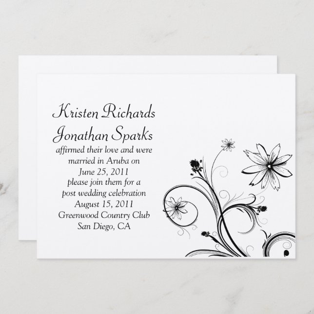Black and Silver Flower Swirls Post Wedding Celebr Invitation (Front/Back)