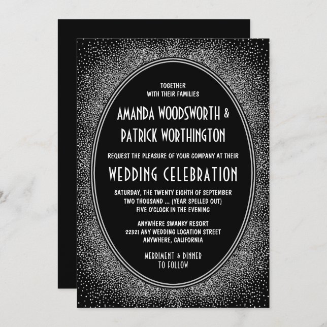 Black and Silver Foil Art Deco Wedding Invitations (Front/Back)
