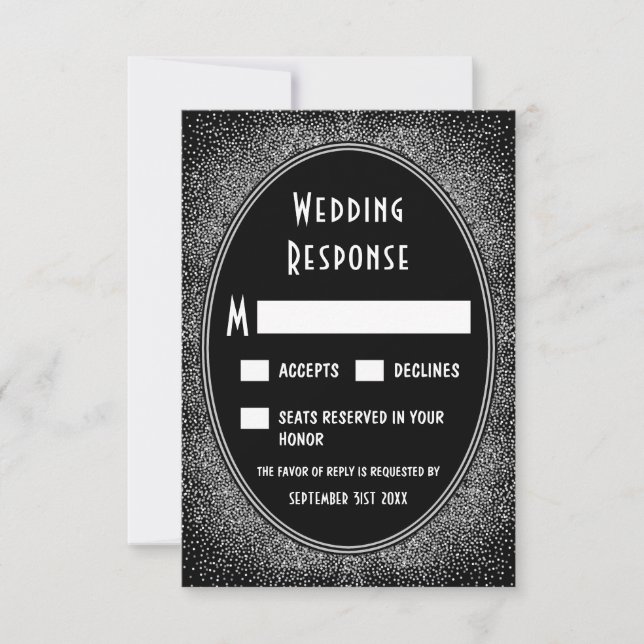 Black and Silver Foil Art Deco Wedding RSVP Cards (Front)