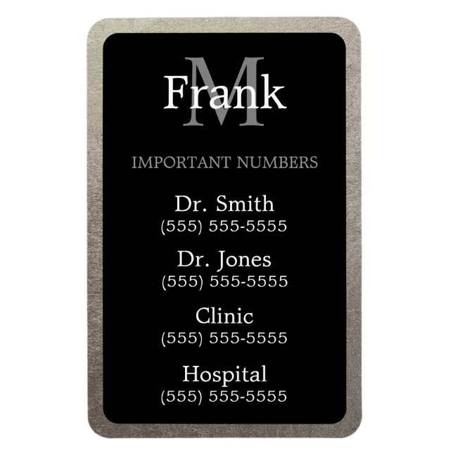 Black and Silver Foil Important Phone Numbers Magnet (Vertical)