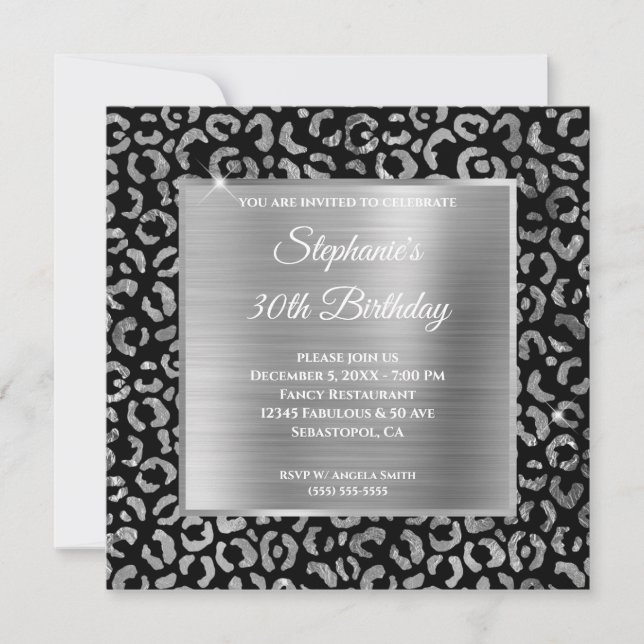 Black and Silver Foil Leopard Glam 30th Birthday Invitation (Front)