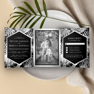 Black and Silver Foil Tropical Palm Wedding Tri-Fold Invitation