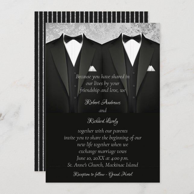 Black and Silver Gay Tuxedo Wedding Invitation (Front/Back)