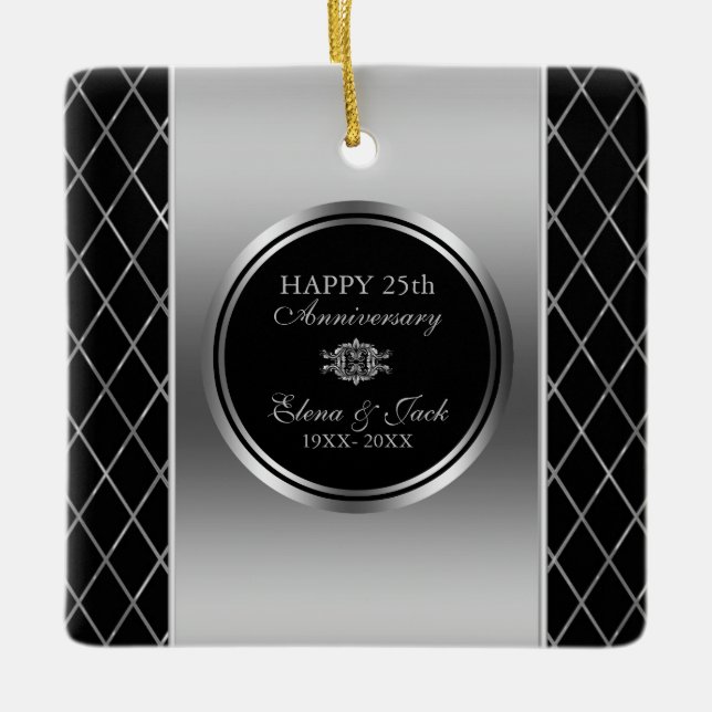 Black And Silver Geometric Design- 25 Anniversary Ceramic Ornament (Front)