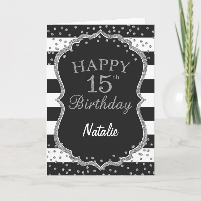 Black and Silver Glitter 15th Birthday Card (Front)