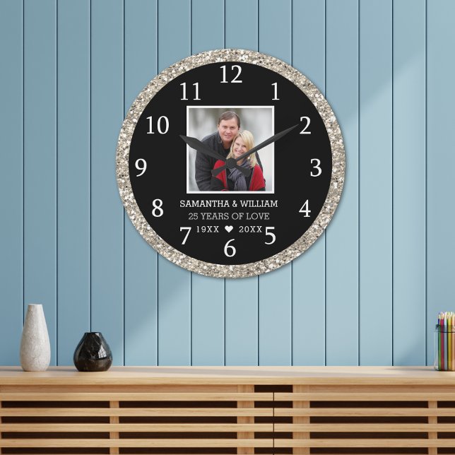 Black And Silver Glitter 25th Anniversary Photo Large Clock (Creator Uploaded)