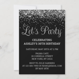 Black and Silver Glitter 30th Birthday Party 30 Invitation