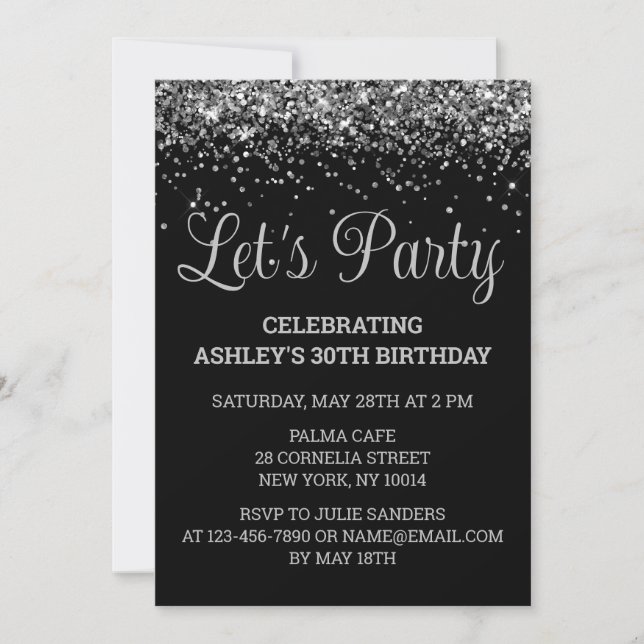 Black and Silver Glitter 30th Birthday Party 30 Invitation (Front)