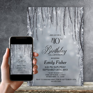 Black and Silver Glitter 40th Birthday Party Invitation