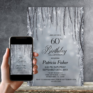 Black and Silver Glitter 60th Birthday Party Invitation