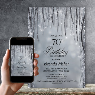 Black and Silver Glitter 70th Birthday Party Invitation
