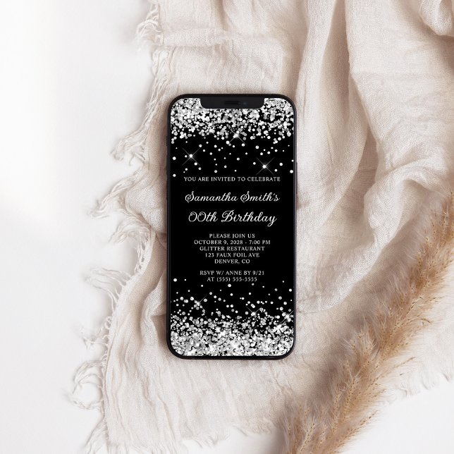 Black and Silver Glitter Any Age Birthday Invitation (Black and Silver Glitter Any Age Birthday Invitation)