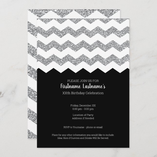 Black and Silver Glitter Chevrons Birthday Party Invitation (Front/Back)